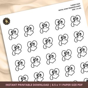 Puede incluir: Una hoja de transferencia de glaseado real blanco con múltiples contornos de caras de pavo en blanco y negro. El texto dice Turkey Face Royal Icing Transfer Sheet Size: 2,54 cm (H). Documento en formato PDF imprimible de 21,59 x 27,94 cm.