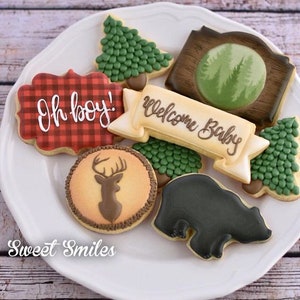 Op de afbeelding: Een verzameling versierde koekjes op een wit bord. De koekjes hebben ontwerpen zoals een beer, hert, bomen en een banner met de tekst "Welcome Baby". E&eacute;n koekje heeft de tekst "Oh boy!" op een rood-zwarte geruite achtergrond.