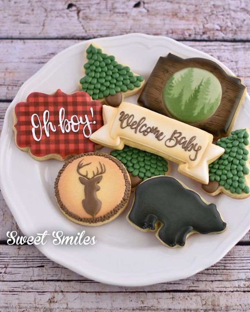 Op de afbeelding: Een verzameling versierde koekjes op een wit bord. De koekjes hebben ontwerpen zoals een beer, hert, bomen en een banner met de tekst "Welcome Baby". E&eacute;n koekje heeft de tekst "Oh boy!" op een rood-zwarte geruite achtergrond.