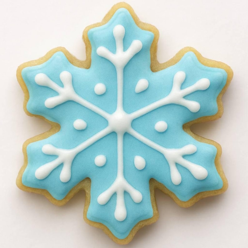 May include: A snowflake-shaped sugar cookie decorated with smooth light blue icing and intricate white piped icing details. The white icing forms a central star pattern with branching arms and small dots, creating a crisp, symmetrical design.