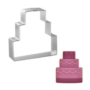 May include: A stainless steel, three-tiered cake-shaped cookie cutter. Next to it is a three-tiered cake illustration in shades of pink and purple, with decorative icing details. Ideal for baking themed treats.