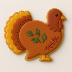 Puede incluir: Una galleta con forma de pavo, con cuerpo marr&oacute;n, cola marr&oacute;n y amarilla, y adornos de hojas verdes y rojas. La galleta tiene un contorno amarillo, ideal para Acci&oacute;n de Gracias.