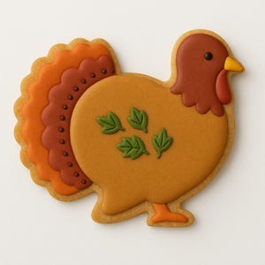 Puede incluir: Una galleta decorada con forma de pavo, con cabeza marr&oacute;n, car&uacute;ncula roja y pico amarillo. El cuerpo es marr&oacute;n claro con acentos de hojas verdes. Las plumas de la cola son naranjas y marrones. Un dulce festivo.