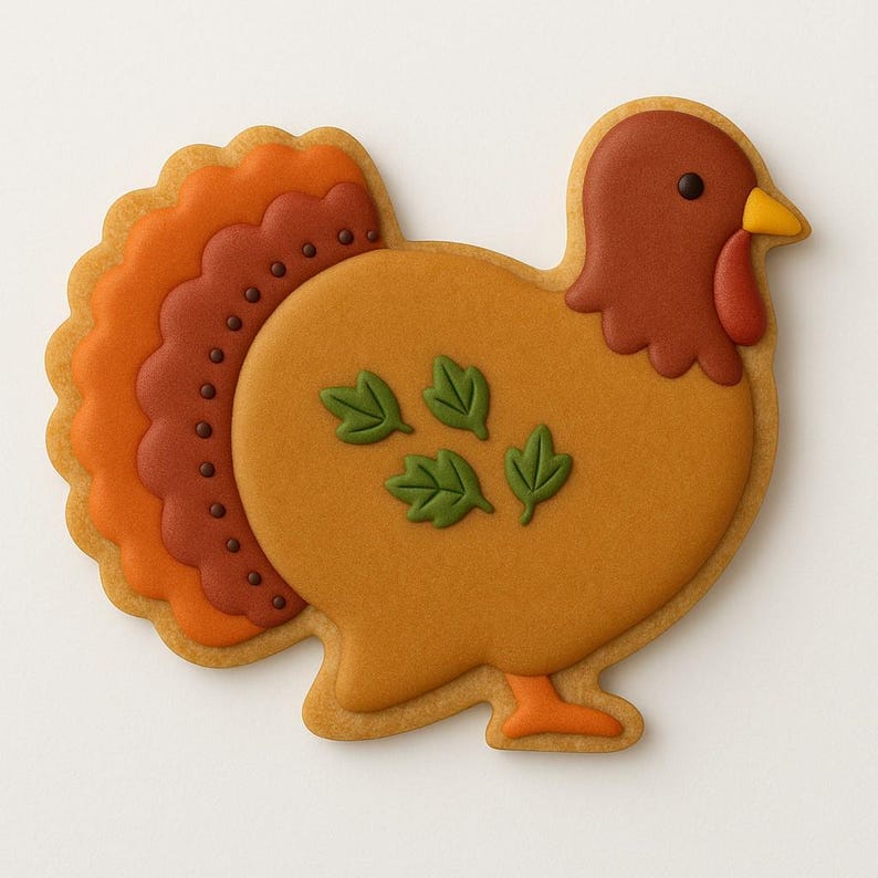 Puede incluir: Una galleta decorada con forma de pavo, con cabeza marr&oacute;n, car&uacute;ncula roja y pico amarillo. El cuerpo es marr&oacute;n claro con acentos de hojas verdes. Las plumas de la cola son naranjas y marrones. Un dulce festivo.