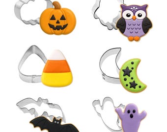 6 Piece Mini Halloween Cookie Cutter Set: Bat, Ghost, Pumpkin, Owl, Moon, Candy Corn