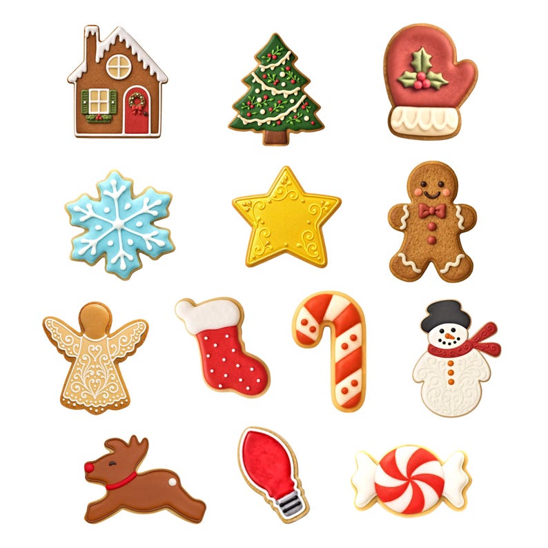 May include: A collection of twelve holiday-themed sugar cookies featuring a gingerbread house, a green Christmas tree, a red mitten, a blue snowflake, a yellow star, a gingerbread person, an angel, a red stocking, a candy cane, a snowman, a reindeer, a red light bulb, and a peppermint candy.