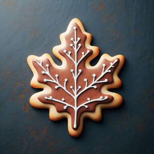 May include: A leaf-shaped cookie with a brown center and a white, branch-like design. The cookie has a light brown border and is set against a dark, textured background. A festive treat.
