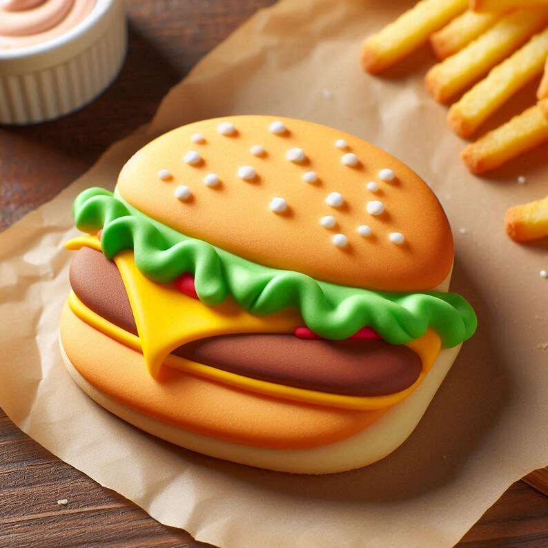 May include: A detailed image of a burger cookie with a bun, lettuce, cheese, and a patty. The bun is orange with white dots. The lettuce is green, the cheese is yellow, and the patty is brown. French fries are in the background.