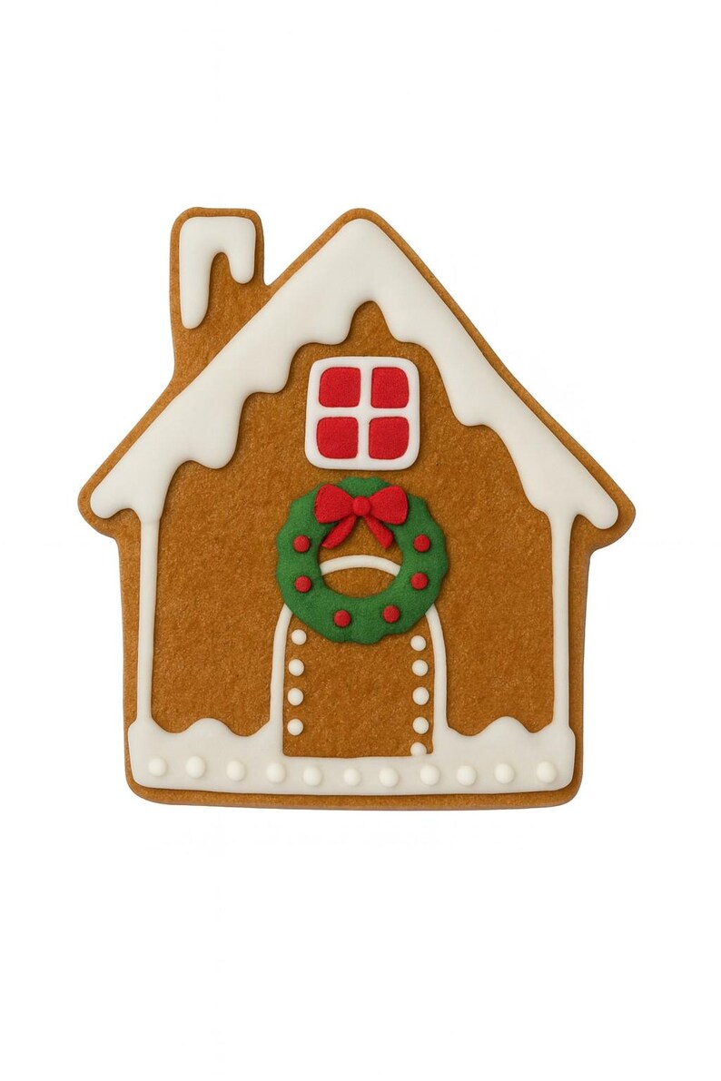 May include: A gingerbread house cookie shaped like a cottage with brown dough, white icing trim resembling snow on the roof and base, a red window, and a green wreath with a red bow centered above a doorway outlined with white icing dots.