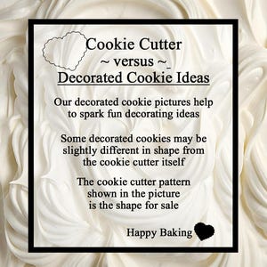 May include: A black framed sign with the text "Cookie Cutter ~ versus ~ Decorated Cookie Ideas". The sign is on a white background with a heart-shaped outline and a black heart. The text explains the difference between cookie cutters and decorated cookies.