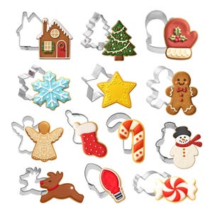 May include: A collection of twelve metal cookie cutters paired with their corresponding decorated cookies, including shapes like a gingerbread house, Christmas tree, mitten, snowflake, star, gingerbread person, angel, stocking, candy cane, snowman, reindeer, light bulb, and peppermint candy.