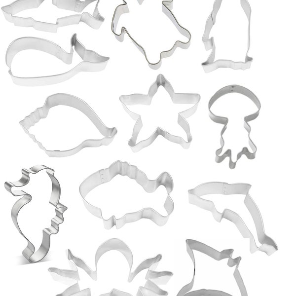 12 Piece Aquarium Cookie Cutter Set Seahorse Starfish Turtle Shark Whale Dolphin Metal | Cookie Cutters