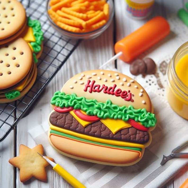 May include: A decorative cookie shaped like a Hardee's hamburger, with the name in red icing. The cookie has a bun, lettuce, tomato, cheese, and a burger patty. Other cookies and snacks are also visible.