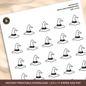 Puede incluir: Una hoja de transferencia de glaseado real blanco con múltiples ilustraciones de contorno negro de sombreros de bruja, cada uno con un detalle de hebilla. El texto dice WITCHES HAT ROYAL ICING TRANSFER SHEET SIZE: 2,54 cm (H) y INSTANT PRINTABLE DOWNLOAD | 21,6 x 27,9 cm PAPER SIZE PDF.