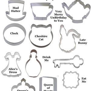 12 Piece Alice in Wonderland Cookie Cutter Set Mad Hatter Tea Cheshire Cat Metal | Cookie Cutters