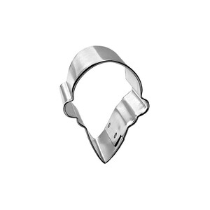 May include: A shiny, silver-colored metal cookie cutter in the shape of an ice cream cone. The cutter has a rounded top and a pointed bottom, with a scalloped edge along the bottom of the cone.