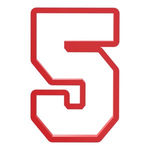Puede incluir: Un número cinco rojo intenso, presentado en una fuente estilizada y con bloques. El número está delineado con una línea roja gruesa y sólida, creando un efecto tridimensional sobre un fondo blanco. El diseño es simple y gráfico.