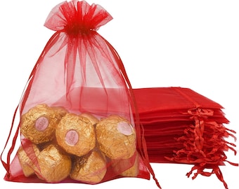 25 sachets de dragées en organza rouge : 5 x 7 pouces, bonbons pour cadeaux de mariage