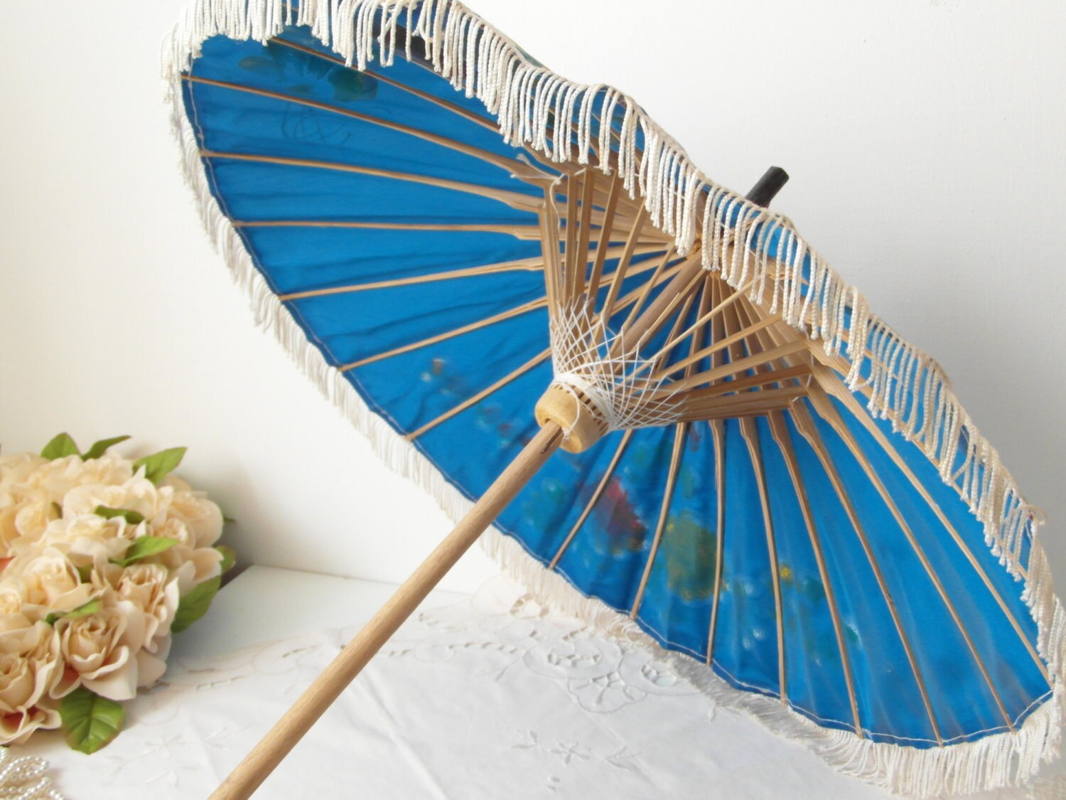 Silk Umbrella With Flower Painting Blue Strolling Umbrella Parasol With