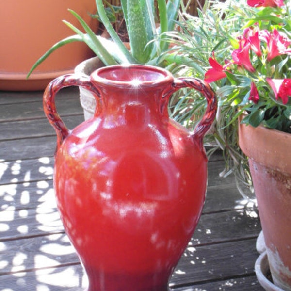 JASBA floor vase red ceramic vase braided handles Westerwald German handcraft 1970s