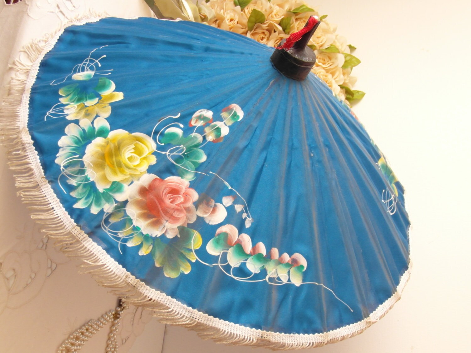 Silk Umbrella With Flower Painting Blue Strolling Umbrella Parasol With