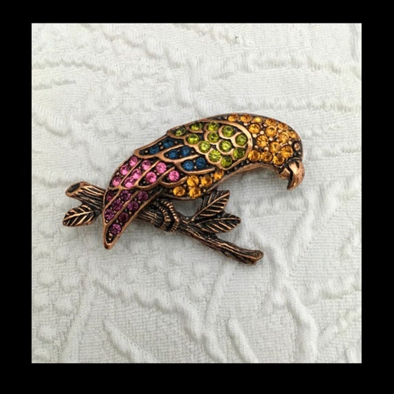Vintage Rhinestone and Copper Parrot Brooch - Parr