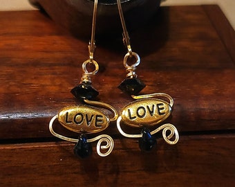 Item #5-38 - Gold Filled Earrings -  LOVE with Black Swarovski Crystals
