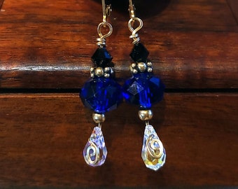 Item #5-21 - Gold Filled Earrings -  Blue and Black Swarovski Crystal