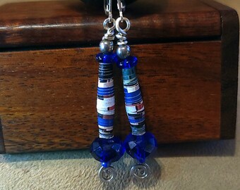 Item #6-31 - Sterling Silver Earrings -  Blue Crystal and Paper Bead