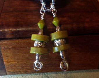 Item #6-41 - Sterling Silver Earrings - Green Disk Beads