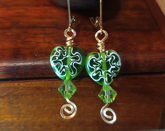 Item #5-54 - Sterling Silver Earrings - Green heart Beads