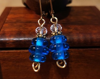 Item #5-10 - Gold Filled Earrings -  Blue and Crystal