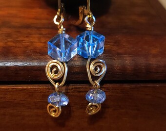 Item #5-4 - Gold Earrings - Light Blue Swarovski Cubes