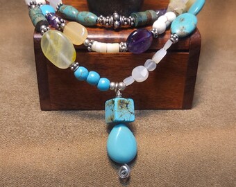Item #14-5 - Leather Necklace - Mixed Stone And Turquoise (MM) Pendant