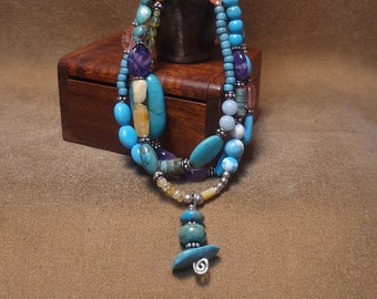 Item #14-3 - Leather Necklace - Mixed Stone And Turquoise (MM) Pendant
