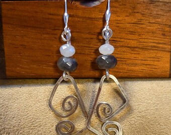 Item #6-21 - Silver Earrings - Hammered Swirl Earrings with Gray and White Crystals