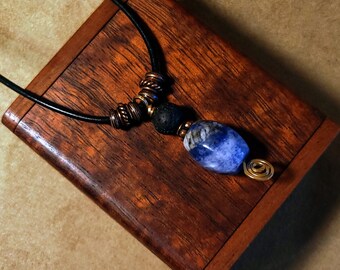 Item #9-17 - Leather Necklace - Blue Lapis Pendant with lava essential oil beads