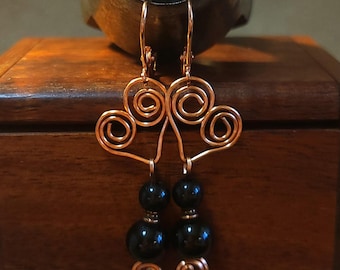 Item #4-22 - Copper Earrings -  HEART with BLACK CRYSTAL