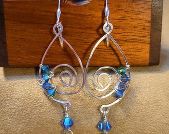 Item #6-18 - Silver Earrings - Hammered Swirl Earrings with Blue/Green Swarovski Crystals