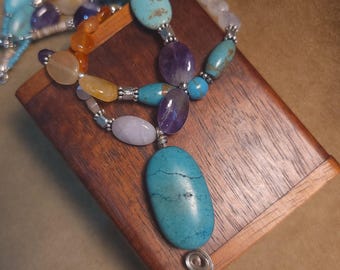 Item #14-1- Leather Necklace - Mixed Stone And Turquoise (MM) Pendant
