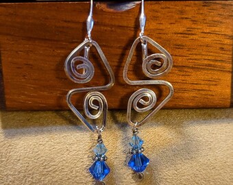 Item #6-11 - Silver Earrings - Hammered Swirl Earrings with Blue Swarovski Crystals