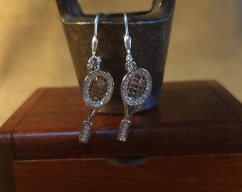 Item #31-18 - Tennis - Earrings -Platinum with Cubic Zirconia Tennis Racket