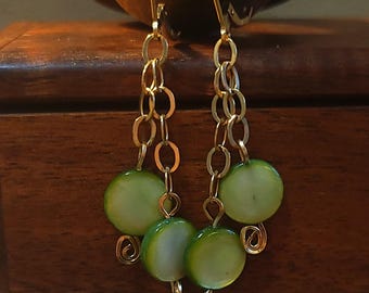 Item #5-52 - Gold Filled Earrings - Green Pearl Disk Beads