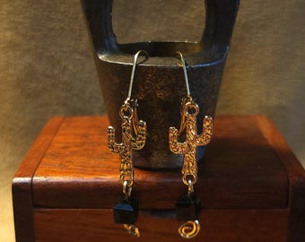 Item #5-18 - Gold Filled Earrings - Gold Cactus with Black Crystal Cube