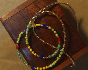 Item #12-23 -Beaded Necklace - Light Green, Green, Dark Blue, Red, Yellow and Gold Strand