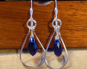 Item #6-10 - Silver Earrings - Hammered Silver Earrings with Cobalt Teardrop Crystals
