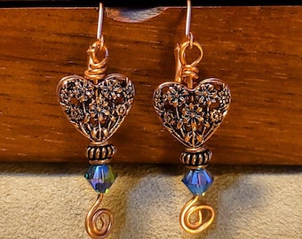 Item #4-12 - Copper Earrings - SWAROVSKI HEART DANGLE