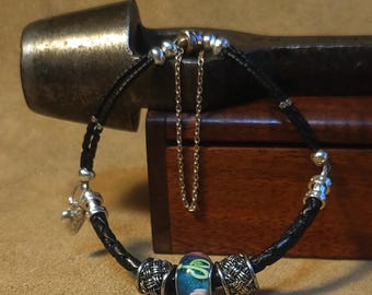 Item #3-6 - Leather Bracelets - Green and Silver