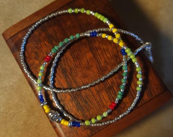 Item #12-40 -Beaded Necklace - Green, Yellow and Silver Strand