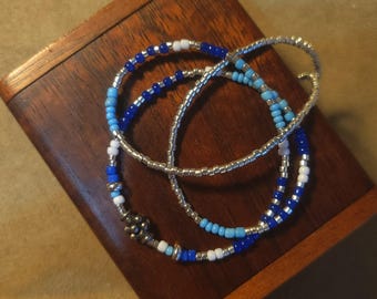 Item #12-14 -Beaded Necklace - Light Blue, Dark Blue, White and Silver Strand